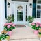 3D Spring Summer Welcome Wreaths for Front Door, Wood Door Hanger,Floral Porch Decor,Wall Plaque, Pink Flower Wreath,Farmhouse White Welcome Sign